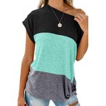 Color Block Asymmetrical Neck Short Sleeve Top Loose Fit Casual Style Perfect for Spring and Sum