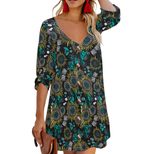 Womens Loose Fit Floral Print Dress 3 4 Sleeve V Neck Comfortable Fabric Casual Wear or Summer O