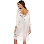 Deep V Hollow Out 3 4 Sleeve Fringe Patchwork Irregular Beach Cover Up Dress Lightweight Stylish