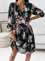 Chiffon Long Sleeve Printed Pleated Dress Elegant Design Lightweight Fabric Versatile Style Perf