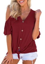 Womens Off Shoulder V Neck Button Knot Short Sleeve T Shirt Casual Fit Lightweight Fabric Summer Wear Wholesale