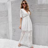 Lace Maxi Dress for Women V Neck Embroidered Sleeveless Solid Color Summer Vacation Wear