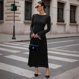 Black Polka Dot Maxi Dress Long Sleeve Open Back Slim Fit Adjustable Tie Elegant Autumn Winter E