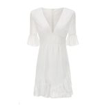 Deep V Neck Ruffle Hem Chiffon Dress Bell Sleeve Floral Cutout Elegant Design Perfect for Summer