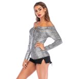 Womens Off Shoulder Zip T Shirt Slim Fit Snake Print Casual Style Perfect for Summer Outings Who