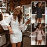 Sequin Evening Dress High Neck Puff Long Sleeves Pencil Silhouette Autumn Winter Party Wear Whol