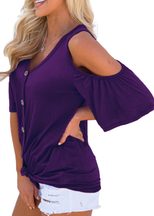 Womens Off Shoulder V Neck Button Knot Short Sleeve T Shirt Casual Fit Lightweight Fabric Summer Wear Wholesale
