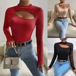 Lace Asymmetrical Long Sleeve T Shirt Off Shoulder Design Sexy Style Spring Autumn Wear Wholesal