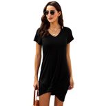 Loose Fit V Neck T Shirt Dress Short Sleeve Solid Color Asymmetrical Hem Summer Casual Wear