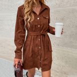 Corduroy Long Sleeve Shirt Dress Button Closure Belted Loose Fit Autumn Winter Casual Wear Whole