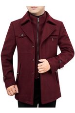 Mens Wool Blend Overcoat Mid Length Removable Double Layer Fur Collar Stylish Outerwear for Fall