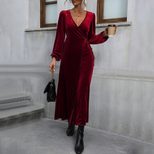 Velvet Midi Dress Elegant Wine Red Color Long Sleeve Party Wear Autumn Winter Collection Wholesa