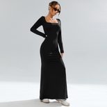 Black Knit Long Sleeve Bodycon Dress with Square Neckline Elegant Sexy Style for Parties and Gat