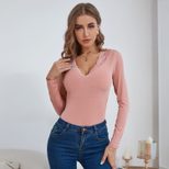 Womens Long Sleeve T Shirt V Neck Lace Panel Slim Fit Autumn Casual Wear factory direct
