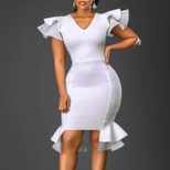 Plus Size White V Neck Ruffle Hem Bodycon Dress for Evening Party Elegant Style Wholesale fast shipping