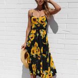 Sunflower Pineapple Print Button Back Sexy Slip Dress 36 Colors 6 Sizes Lightweight Fabric Summe