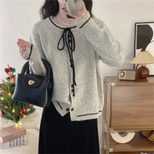 Color Block Knitted Cardigan for Women Loose Fit Soft Fabric with Bow Detail Spring Autumn Wear