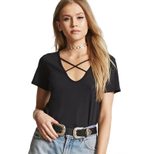 Womens Loose Fit Short Sleeve T Shirt Hollow Out V Neck Solid Color Trendy Style Perfect for Sum