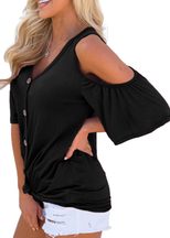 Womens Off Shoulder V Neck Button Knot Short Sleeve T Shirt Casual Fit Lightweight Fabric Summer Wear Wholesale
