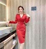 V Neck Long Sleeve Bodycon Dress Slim Fit Double Breasted Design Elegant for Fall Winter