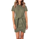 High Neck Short Sleeve Dress Solid Color Knee Length Tie Waist Casual Wear for Women Wholesale A