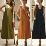 Summer Casual Solid Color Long Sleeve Button Down Maxi Dress Lightweight Fabric Elegant Style Re