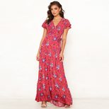 Bohemian Floral Maxi Dress for Women V Neck Tie Detail Lightweight Summer Fabric