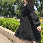 Lace Panel Puff Sleeve Little Black Dress Elegant Design Soft Luxury Autumn Fashion Available fo