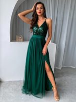 Womens Summer Dress Sexy Spaghetti Strap Sheer Mesh and Sequin Detail Flared Hem Evening Party Wear