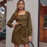 A Line Dress Princess Sleeves Square Neck Belted Elegant Style Autumn Winter Fashion Wholesale A