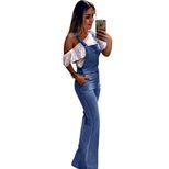 High Waisted Denim Jumpsuit Blue Flared Legs Slim Fit Adjustable Straps Spring Summer Fashion Wh