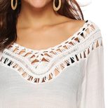Deep V Hollow Out 3 4 Sleeve Fringe Patchwork Irregular Beach Cover Up Dress Lightweight Stylish