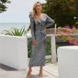 Sequin Dress for Women Deep V Neck Long Sleeve High Slit Autumn Winter Birthday Party Wear Whole
