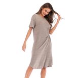 Loose Fit Solid Color Twisted Knot Irregular Midi Dress Short Sleeve Casual Style Summer Wear Wh