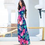 Floral Print Maxi Dress for Women V Neck Mid Waist Long Sleeve Spring Summer Casual Wear