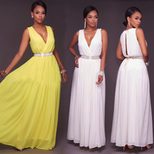 Womens Chiffon Dress Deep V Neckline Elegant Solid Color Available in S to XL Wholesale Ready to Ship