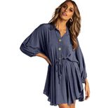 High Waist Pleated A Line Dress Long Sleeve Button Down Lapel Collar Knee Length Autumn Fashion