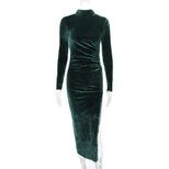Elegant High Neck Long Sleeve Dress Pleated Design Side Slit Fashionable Style Perfect for Autum