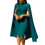 Elegant Womens Evening Dress Solid Color Round Neck Pleated Cape Design Perfect for Parties and