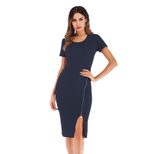 Womens Bodycon Pencil Dress Solid Color Short Sleeve Round Neck Zipper Closure Casual or Formal