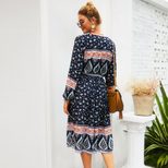 Bohemian Floral Print Maxi Dress for Spring Summer with Long Sleeves and Round Neck