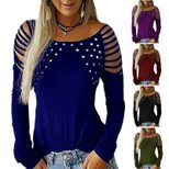 Long Sleeve T Shirt for Women Solid Color with Rhinestone Detail Casual Fall Winter Wear