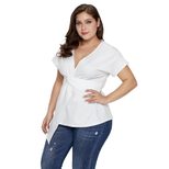 Womens Summer Loose V Neck Short Sleeve T Shirt Twist Knot Design High Low Hem Plus Size Casual