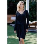 V Neck Long Sleeve Knit Sweater Dress Solid Color Mid Length Cozy Fabric Fall Winter Fashion Who
