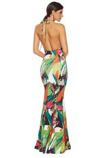 Colorful Printed Backless Maxi Dress Elegant Design Lace Up Detail Perfect for Parties and Forma