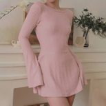 Womens Long Sleeve Knit Dress U Neck Backless Slim Fit Solid Color Autumn Casual Wear