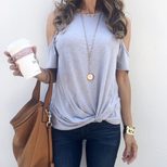 Womens Summer Loose T Shirt Round Neck Short Sleeve Solid Color Knot Hem Design Casual Wear Whol