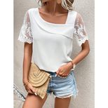 Lace Short Sleeve T Shirt for Women Solid Color Asymmetrical Neckline Fresh and Sweet Style Perf