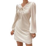 Elegant A Line Dress Puff Sleeve Long Sleeve V Neck Ruched Bodice Hollow Out Design Perfect for