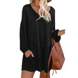 Solid Color Knee Length Dress for Women V Neck Long Sleeve Pleated Loose Fit Autumn Fashion Whol